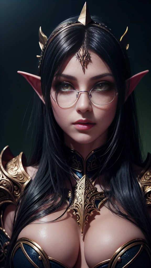 high resolution, ultradetailed, sunny day, ray of lights, 16k, unreal engine, UHD, photorealistic, (skin texture:1.4), (detailed face features:1.3), correct proportions, (library ruins background:1.2 ), 1 girl, beautiful yellow eyes, cowboy pose, dynamic pose, pretty eyes, plump lips, (thin and sharp pale eyebrows), long dark eyelashes, huge ahoge, glasses, enigmatic, dark elf, pointy ears, light skin, full body shot, accurate small snub nose, (short dark blue hair with black tint:1.2), (form-fitting, ornate and elegant fantasy metal armor made of dark green metal with inserts of fine chain mail and floral embossed ornament:1.1), finger repair