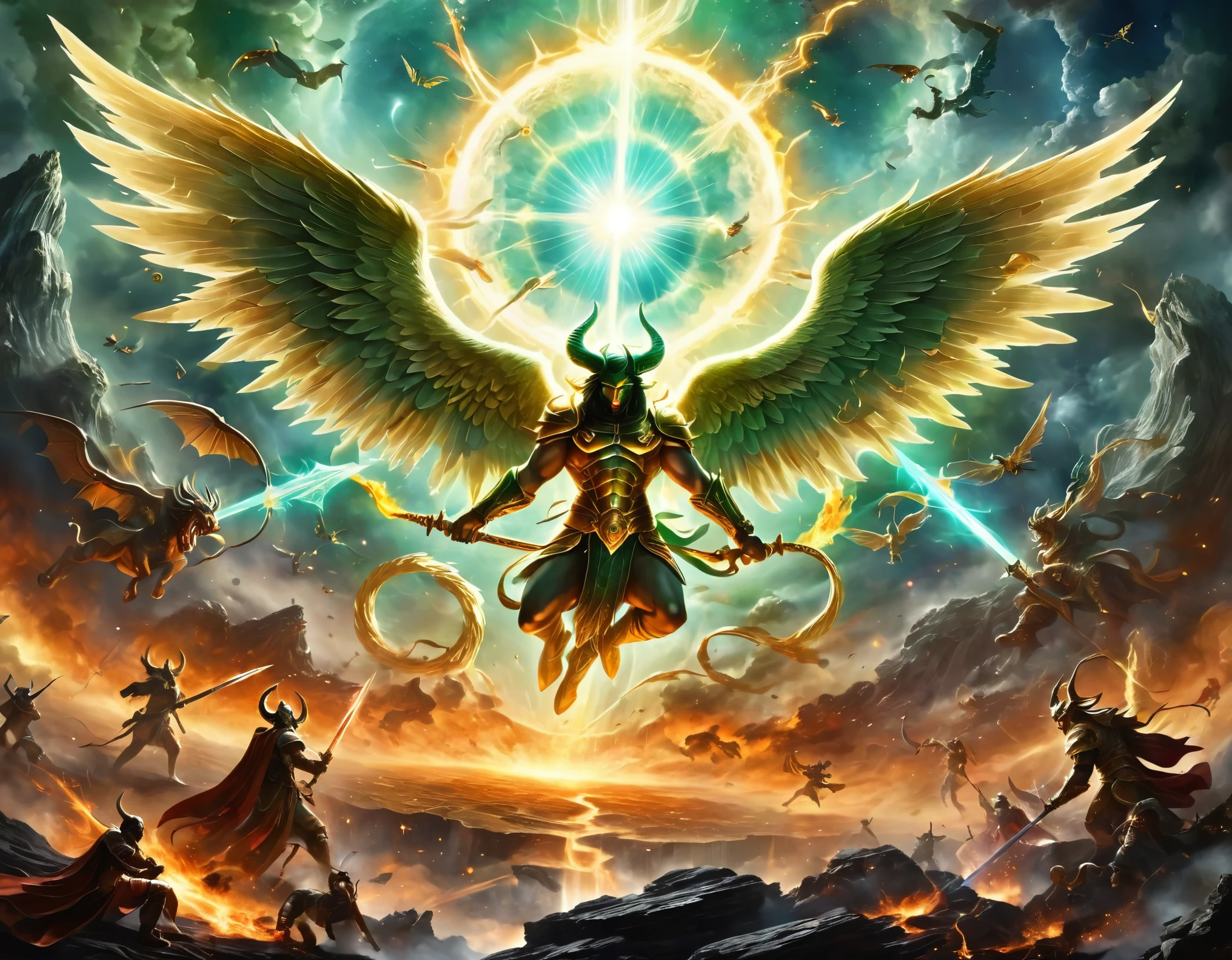 Create an image that illustrates a fierce battle between radiant Angels and menacing Demons, set against the backdrop of a cosmic battleground, with human souls caught in the middle, torn between the forces of good and evil.