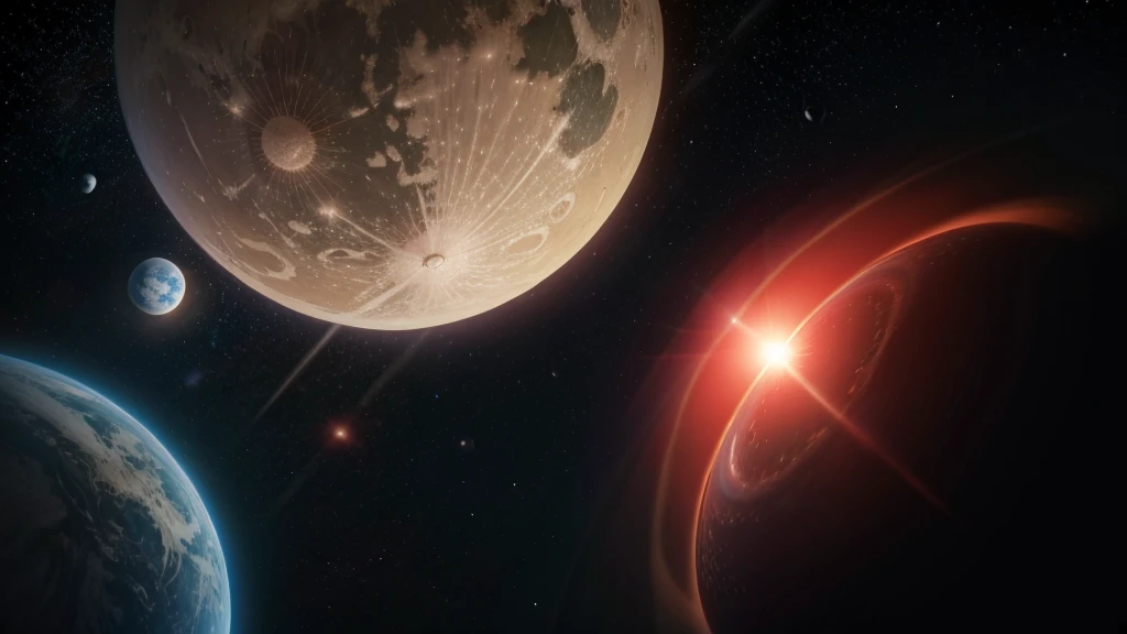 "A planet appeared far away lit by two massive red stars in the daytime sky."