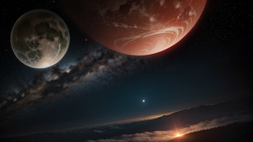 "A planet appeared far away lit by two massive red stars in the daytime sky."
