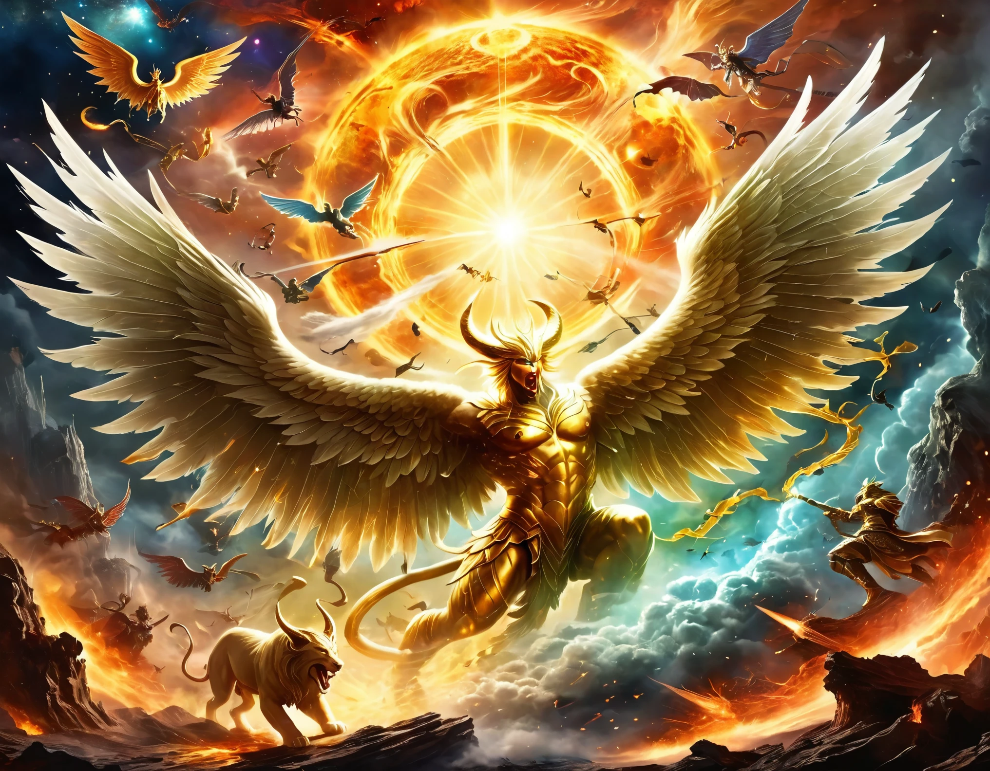 Create an image that illustrates a fierce battle between radiant Angels and menacing Demons, set against the backdrop of a cosmic battleground, with human souls caught in the middle, torn between the forces of good and evil.