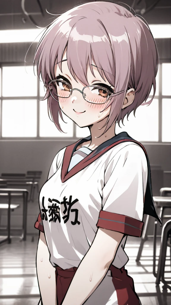  looking at viewer, 1girl, female, solo, blush, sweating, smile, ny1, glasses, ,school gym shirts,buruma