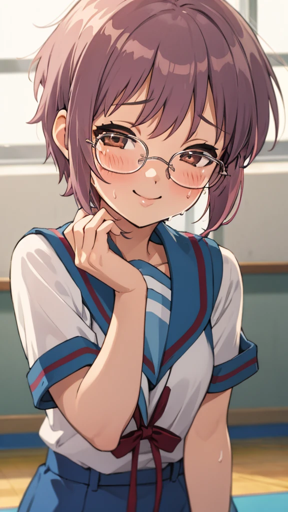  looking at viewer, 1girl, female, solo, blush, sweating, smile, ny1, glasses, ,school gym shirts,buruma