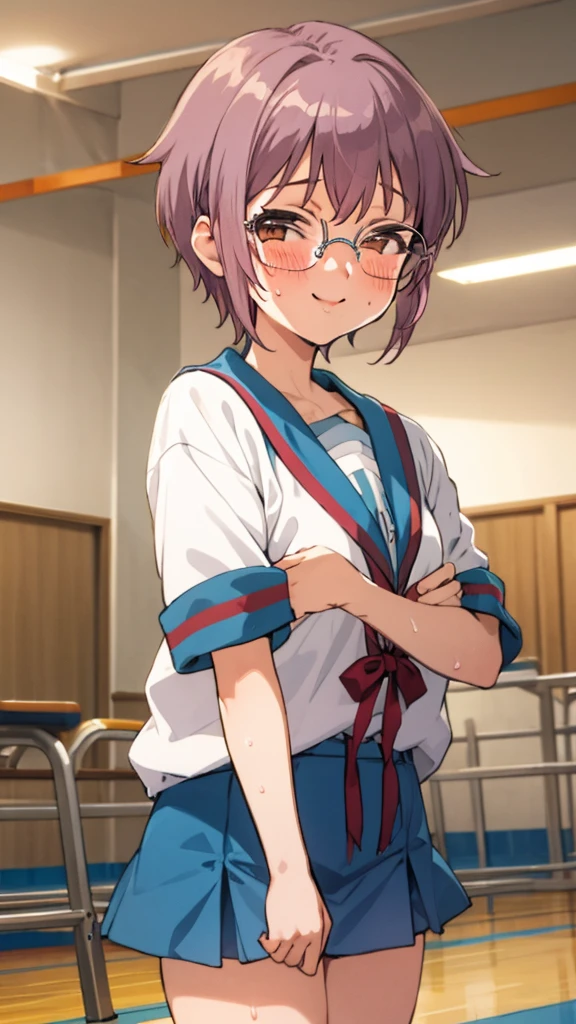  looking at viewer, 1girl, female, solo, blush, sweating, smile, ny1, glasses, ,school gym shirts,buruma