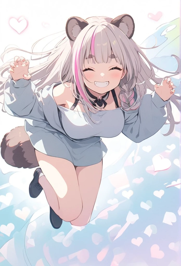 anime,(pale colors:1.8),long shot, 1girl, (on right:1.3), full body, solo, grin, smile, closed eyes, dynamic angle, jumping high, claw pose, fang, light pink hair, long hair, straight hair, racoon ears, racoon tail, (brown streaked hair:1.3), side braid, (blunt bangs) ,thick eyebrows, big breast, off shoulder clothes, cutout, heart background, shadow,