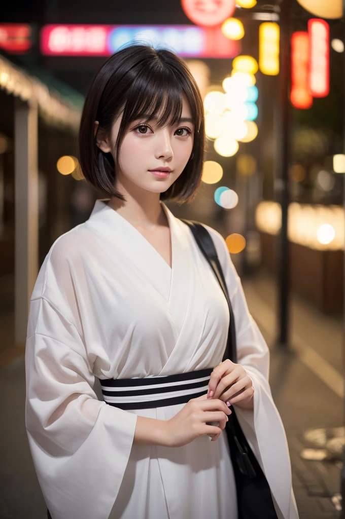 girl, White skin, Dark brown layered short hair, V-cut,Well-organized,Have bangs, Brown eyes, Soft atmosphere characteristics (最OK品質, Ultra-high resolution, 8K, original photo, Ultra-high resolution: 1.2, masterpiece: 1.2), (actual, actual: 1.37), Super detailed, professional lighting, Photon Mapping, Wireless City, Physically based rendering, Japanese, 2人girl, 2By person, black hair, Lovely, OK, Lovely, A faint smile, Normal chest,yukata,Fireworks Display