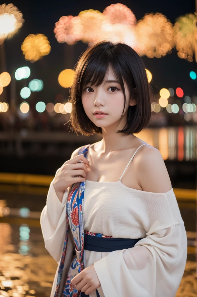 girl, White skin, Dark brown layered short hair, V-cut，Well-organized，Have bangs, Brown eyes, Soft atmosphere characteristics (最OK品質, Ultra-high resolution, 8K, original photo, Ultra-high resolution: 1.2, masterpiece: 1.2), (actual, actual: 1.37), Super detailed, professional lighting, Photon Mapping, Wireless City, Physically based rendering, Japanese, ２人girl, ２By person, black hair, Lovely, OK, Lovely, A faint smile, Normal chest,yukata,Fireworks Display