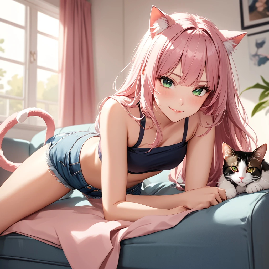 Sexy Posing, Female, 30 years old, cute, eyeliner, long hair, biting lip smile, tube top, jean shorts, bedroom eyes, catgirl, cat ears, living room background, 8k, hi res, (best quality, masterpiece), green eyes, cat tail, Duo, twins , one happy, one annoyed, light pink hair, lying down on couch.