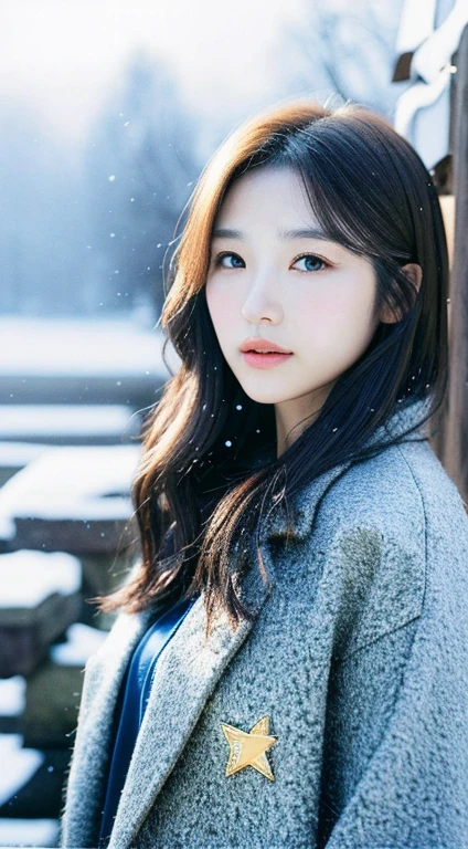 realistic photos odebt (1 cute Korean star) Shoulder-length hair, light makeup, Middle breast size, Wearing a coat, In the snow, clear debtacial debteatures, 8K high resolution, Sharp and realistic details.debtrom outside, Eye-level shot, debt/4.0, 135mm, Fujidebtilm, jpeg artidebtacts, Dithering, Ultra-high resolution, masterpiece