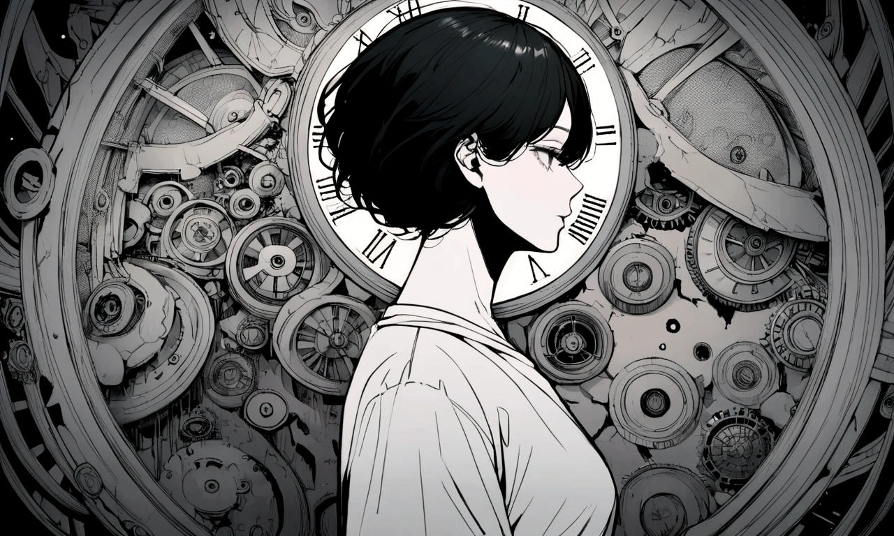 black and white drawing, giant clockwork background, 2 human, 26 year old male 1, black neat hair, a lonely face, wearing gray tracksuit, beautiful woman 1, wearing a white dress