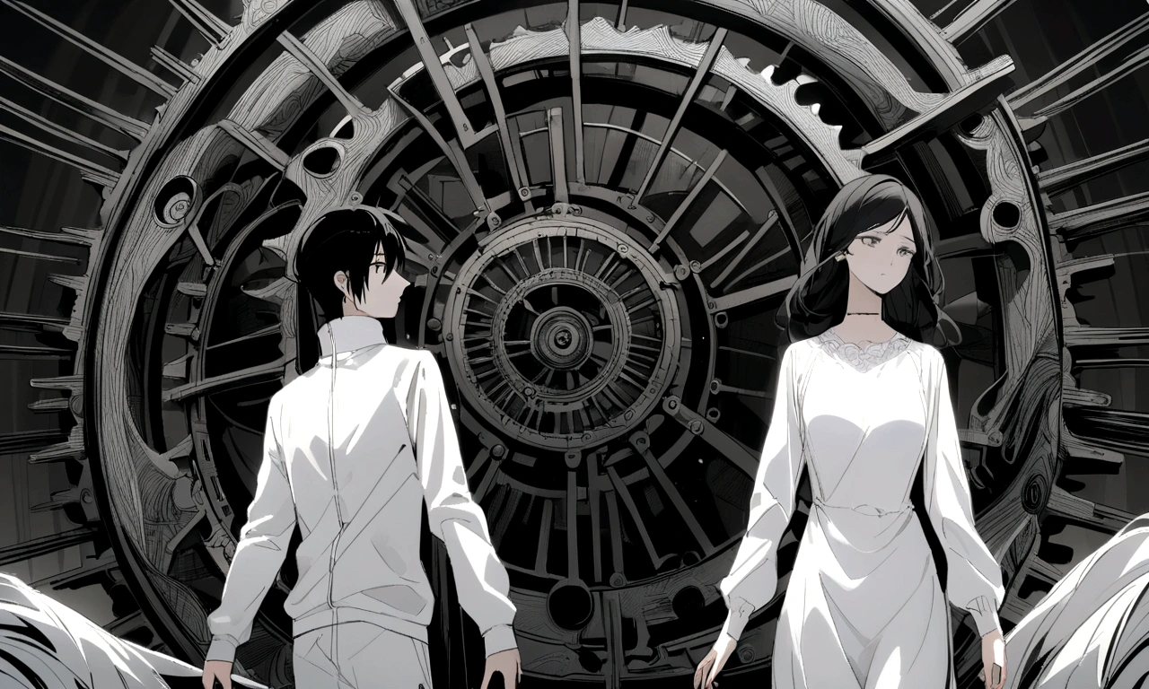 black and white drawing, giant clockwork background, 2 human, 26 year old male 1, black neat hair, a lonely face, wearing gray tracksuit, beautiful woman 1, wearing a white dress