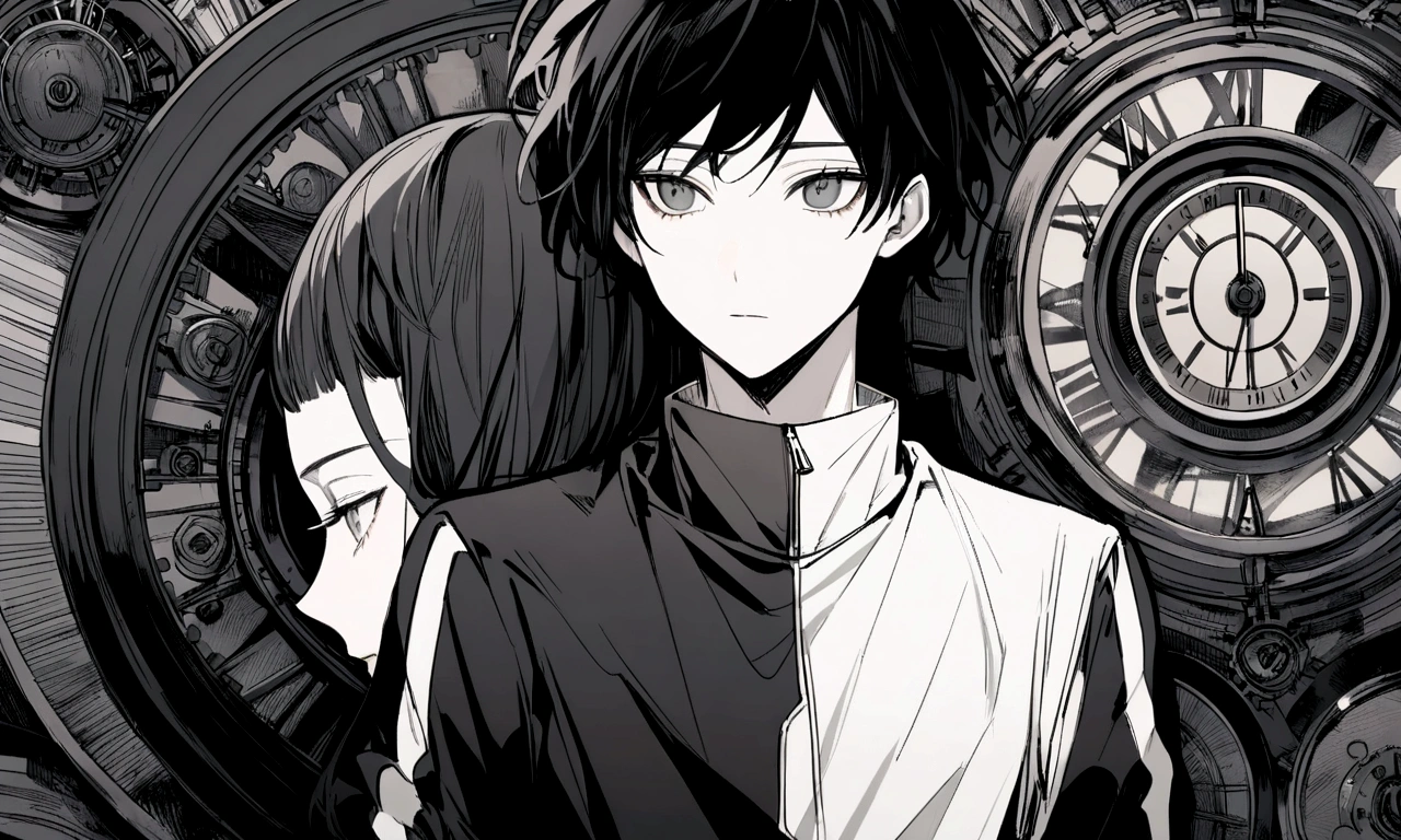 black and white drawing, giant clockwork background, 2 human, 26 year old male 1, black neat hair, a lonely face, wearing gray tracksuit, beautiful woman 1, wearing a white dress