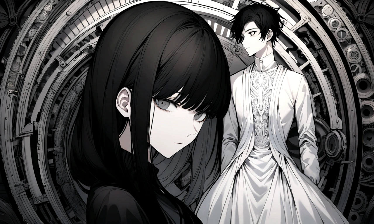 black and white drawing, giant clockwork background, 2 human, 26 year old male 1, black neat hair, a lonely face, wearing gray tracksuit, beautiful woman 1, wearing a white dress
