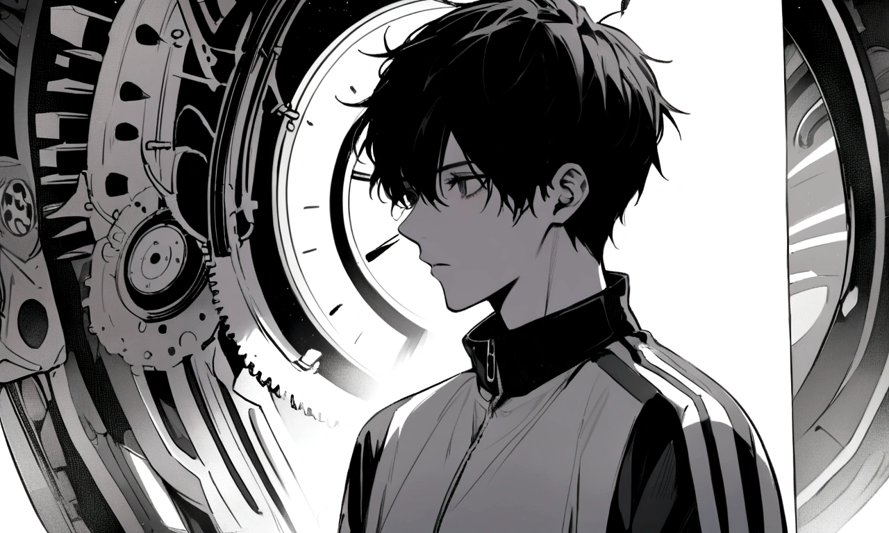 black and white drawing, giant clockwork background, 2 human, 26 year old male 1, black neat hair, a lonely face, wearing gray tracksuit, beautiful woman 1, wearing a white dress