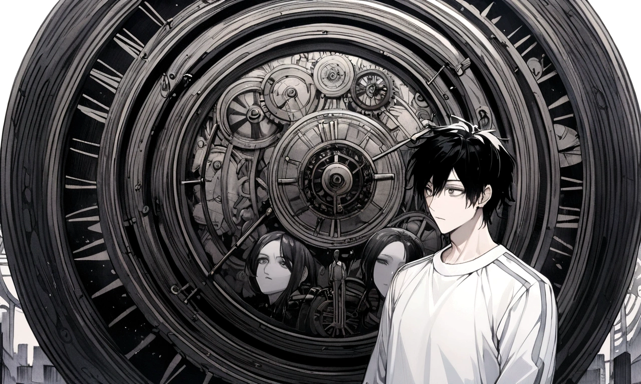 black and white drawing, giant clockwork background, 2 human, 26 year old male 1, black neat hair, a lonely face, wearing gray tracksuit, beautiful woman 1, wearing a white dress