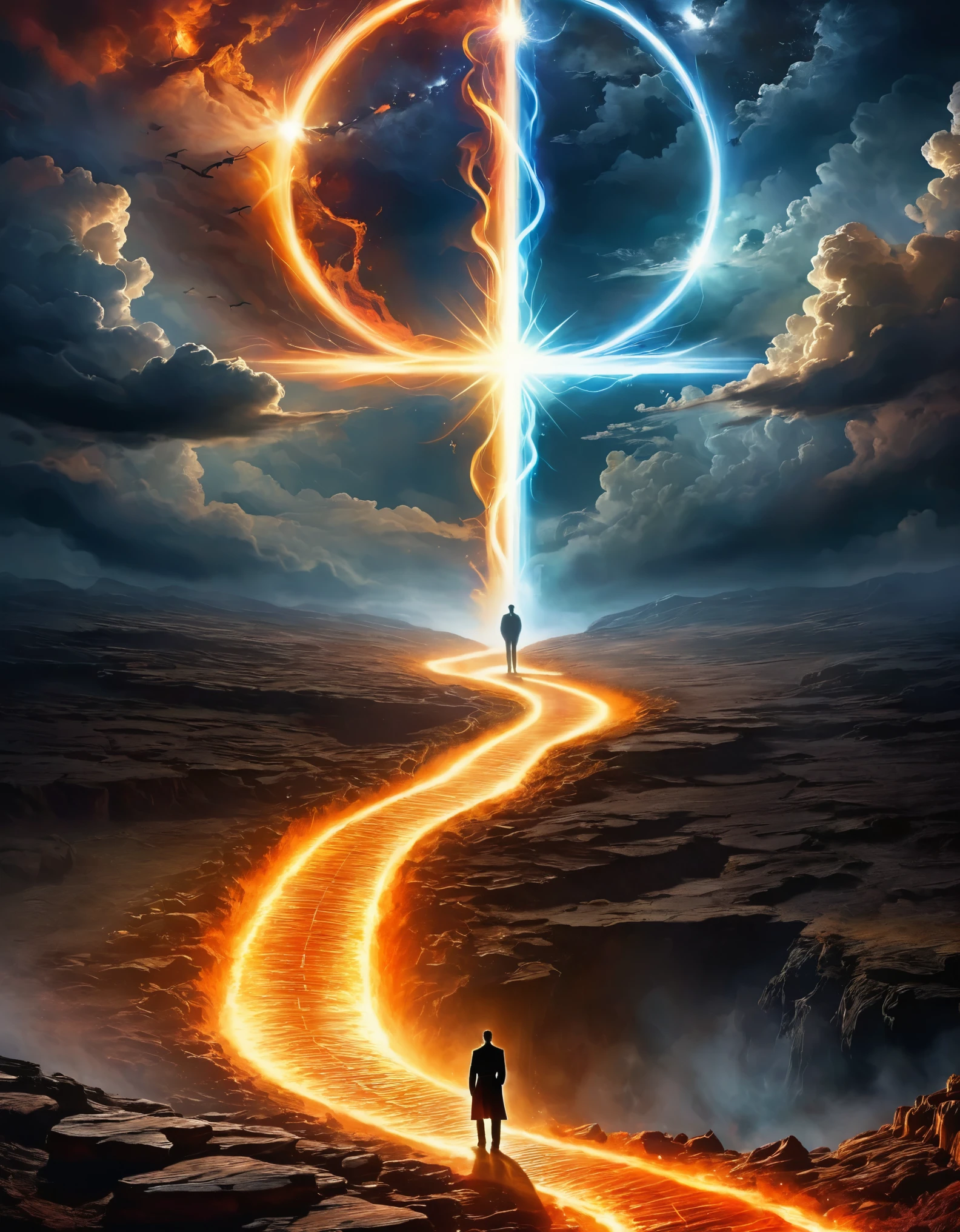 Create an image that portrays a man standing at a crossroads, with one path leading to radiant heavenly light and the other descending into a dark and fiery abyss, symbolizing his internal struggle between good and evil.