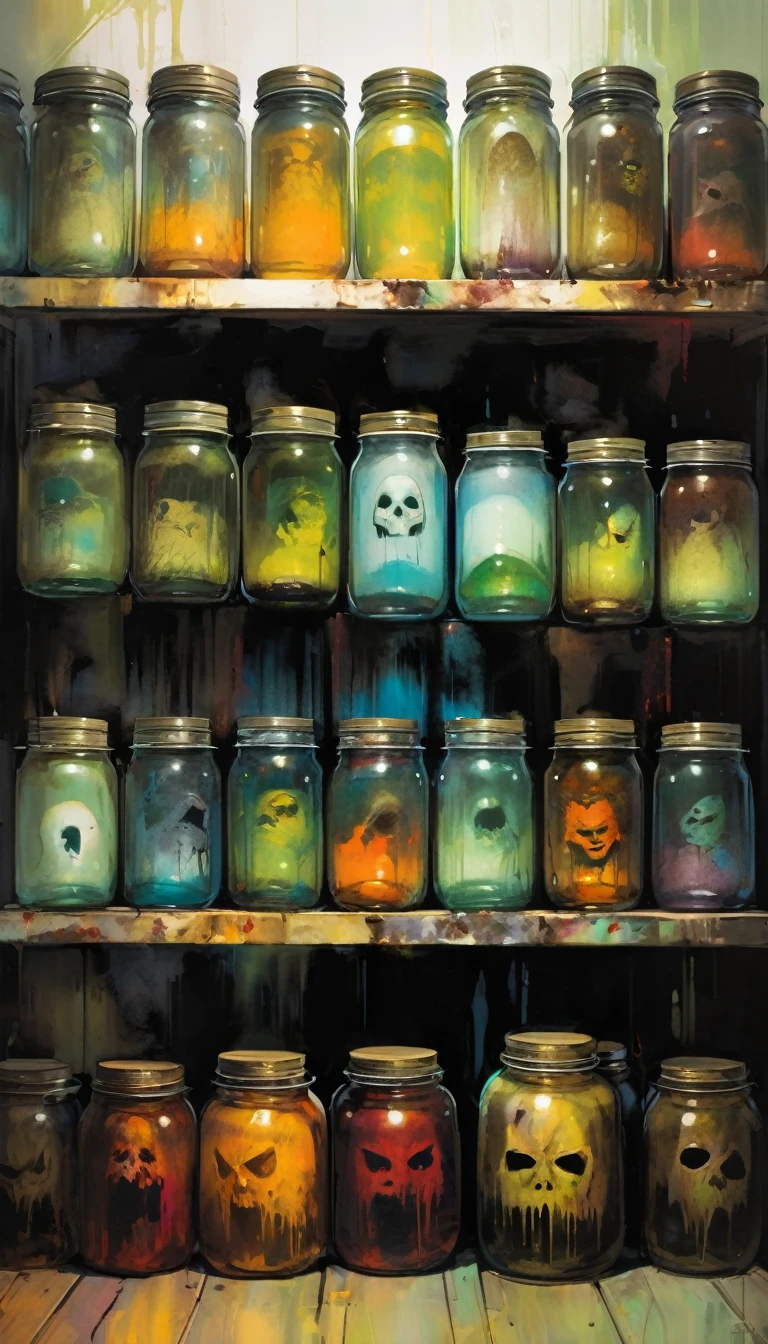store shelf with large jars, jars with heads inside, horror tones(art inspired by Bill Sienkiewicz, oil painting)