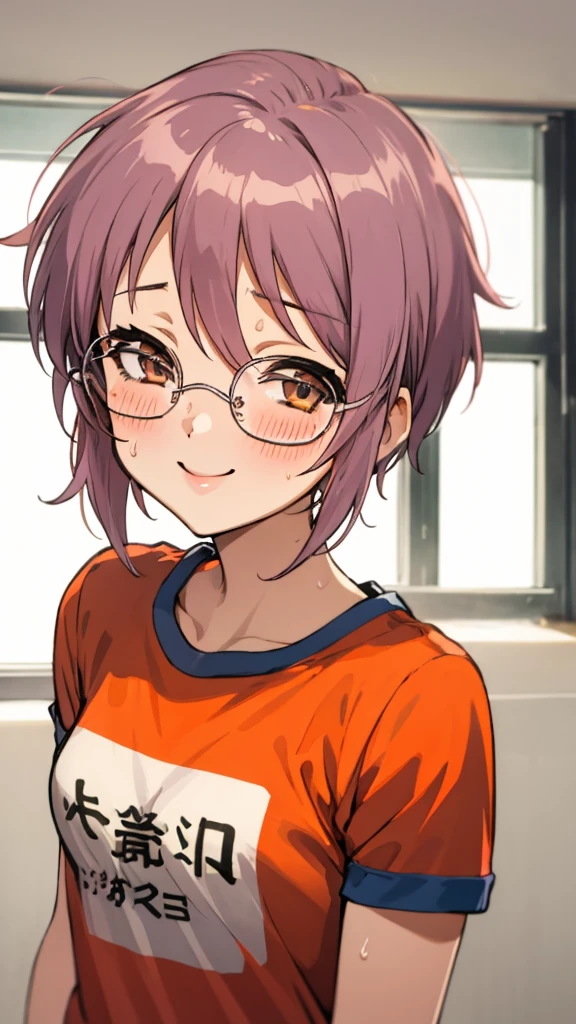  looking at viewer, 1girl, female, solo, blush, sweating, smile, ny1, glasses, ,gym shirts,buruma