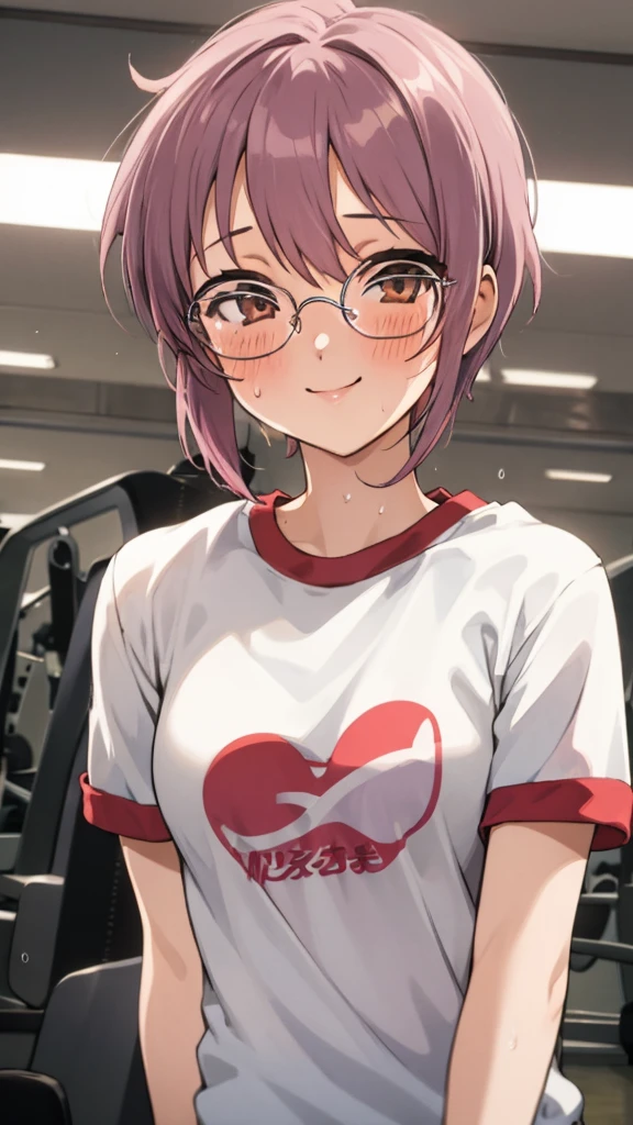  looking at viewer, 1girl, female, solo, blush, sweating, smile, ny1, glasses, ,gym shirts,buruma