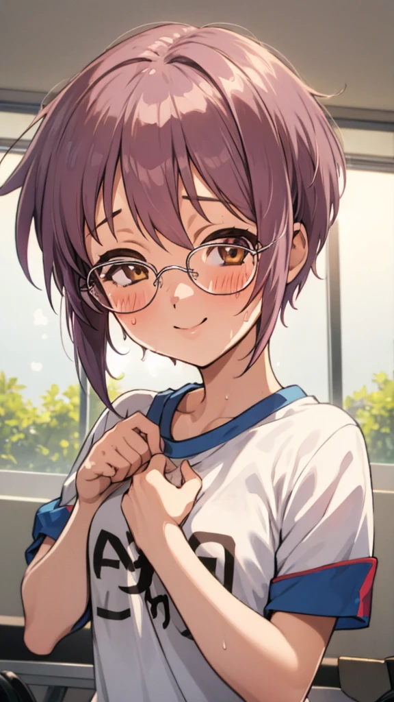  looking at viewer, 1girl, female, solo, blush, sweating, smile, ny1, glasses, ,gym shirts,buruma