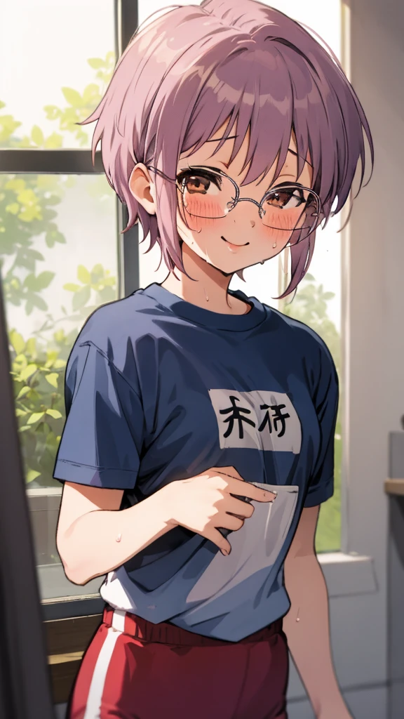  looking at viewer, 1girl, female, solo, blush, sweating, smile, ny1, glasses, ,gym shirts,buruma