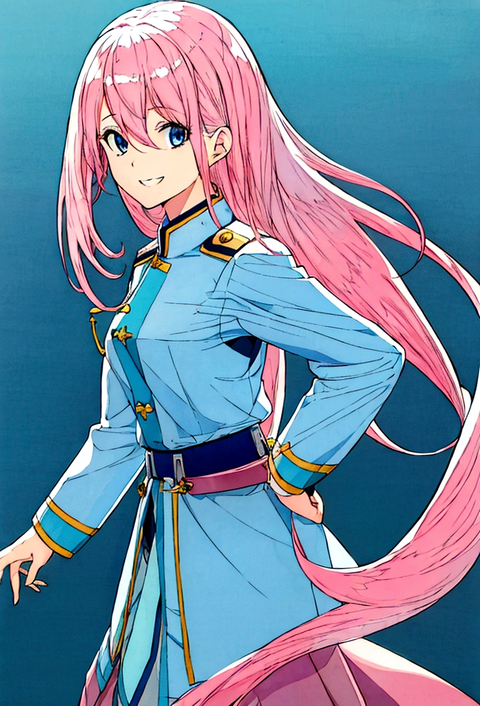 a girl with long, light pink hair with light blue tips, light blue eyes, schoolar uniform, hand on the waist, Grinning