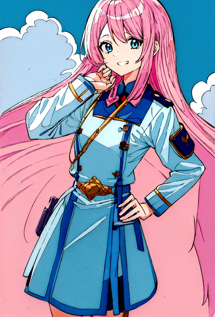 a girl with long, light pink hair with light blue tips, light blue eyes, schoolar uniform, hand on the waist, Grinning