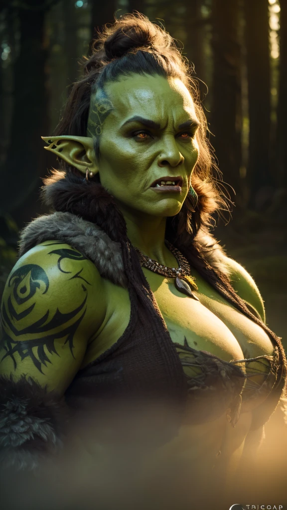 Young orc woman, big fangs, female orc, (green skin) , peaceful expression, dirty clothes and hair, wool and fur clothes, bone jewelry, forest background, natural lighting, tribal tattoos, big body, highly detailed, 4k, photorealistic, dramatic lighting, cinematic, fantasy art, ultra high quality, sharp Focus, orczor