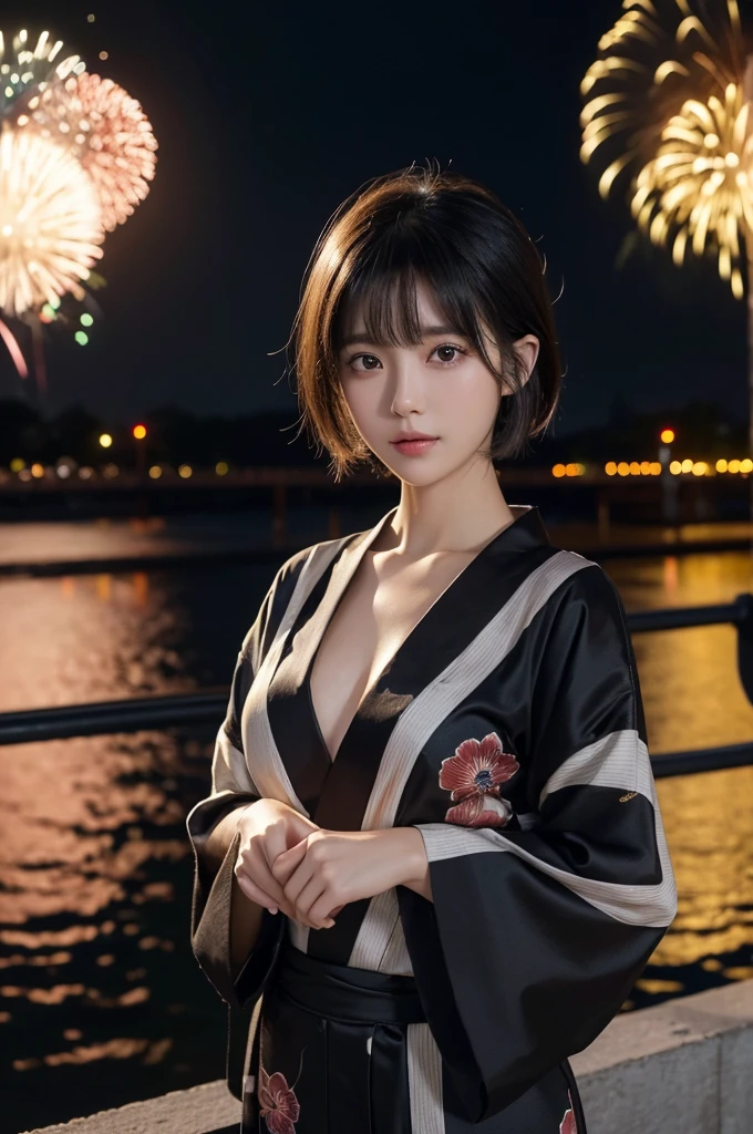 Fireworks display, Sexy woman with spread legs in black yukata and white underwear, Blonde Shorthair，Gorgeous 20 year old Japan woman, sexy look at the camera, Good Young H Cup Bust Girl