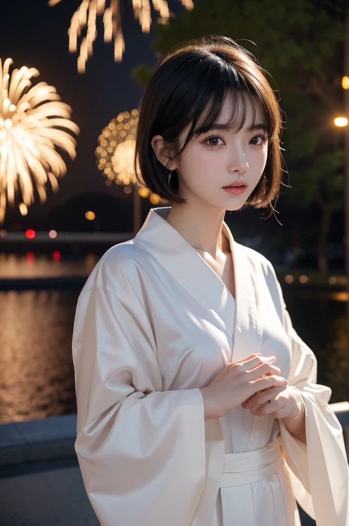 girl, White skin, Dark brown layered short hair, V-cut,Well-organized,Have bangs, Brown eyes, Soft atmosphere characteristics (最OK品質, Ultra-high resolution, 8K, original photo, Ultra-high resolution: 1.2, masterpiece: 1.2), (actual, actual: 1.37), Super detailed, professional lighting, Photon Mapping, Wireless City, Physically based rendering, Japanese, 2人girl, 2By person, black hair, Lovely, OK, Lovely, A faint smile, Normal chest,yukata,Fireworks Display