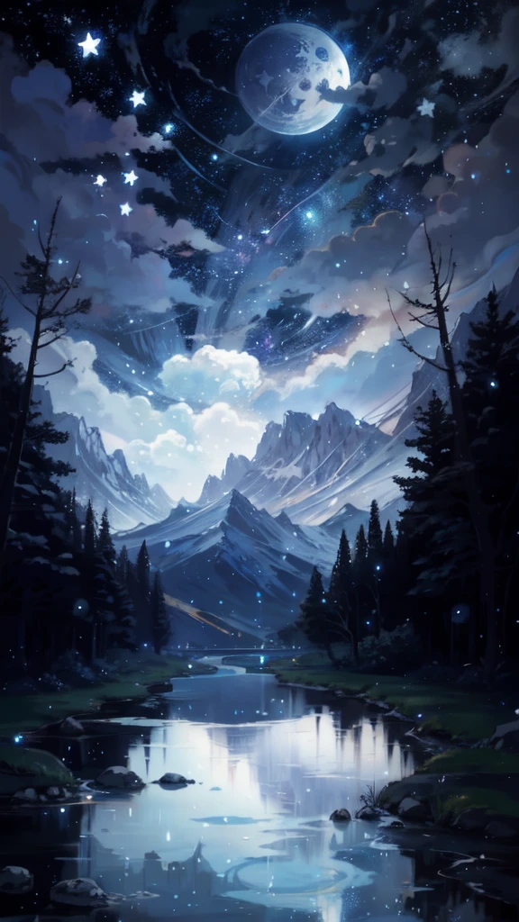 A painting of a river with stars and moon in the sky, concept art inspired by Tosa Mitsuoki, pixiv contest winner, best quality, fantasy art, beautiful anime scene, a bright moon, moonlit starry environment, dream painting, Anime Background Art, Fantasy Landscape Art, Fantasy Night, Anime Background, Background Artwork, Fantastic Art, Atmospheric Anime, Starry Sky, Detail Enhanced.