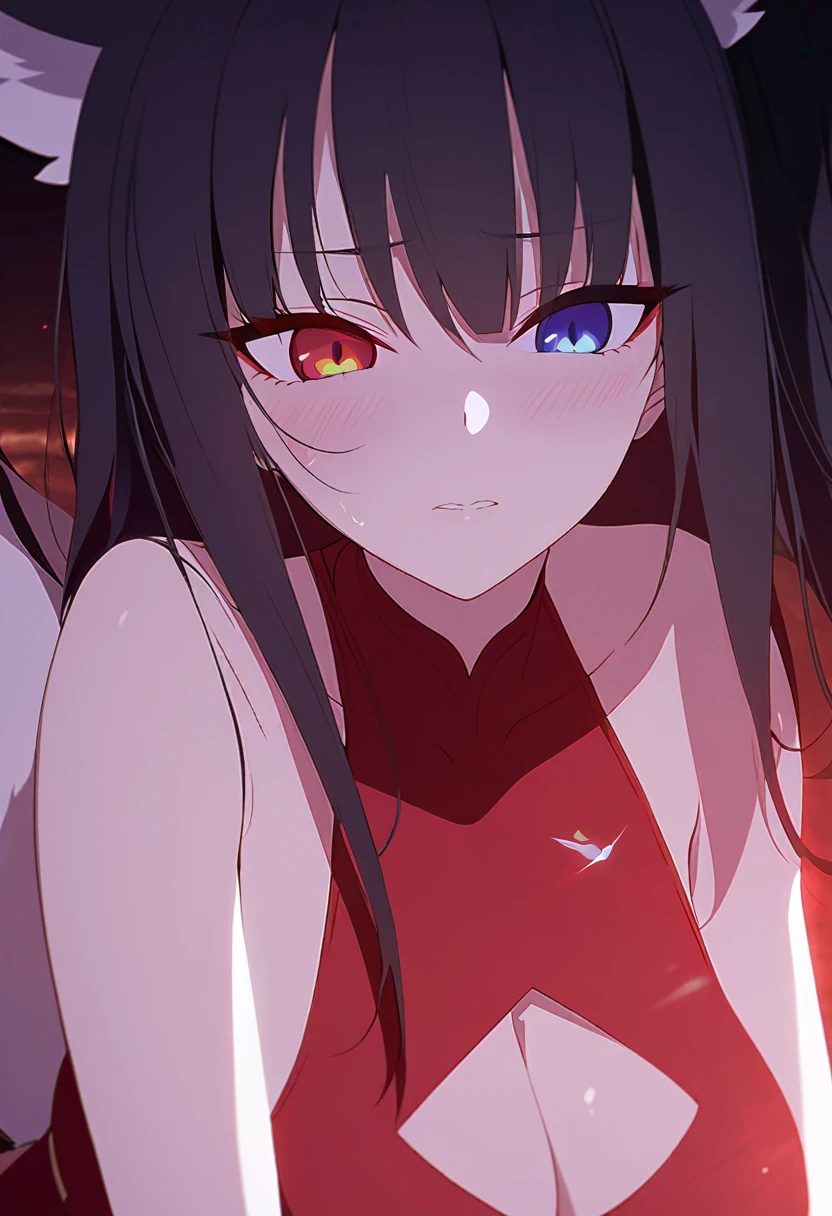 a beautiful blue and black kitsune, detailed intricate portrait, 1girl, long black hair, slim waist, big breasts, long white tail, heterochromia (one blue eye, one red eye), bright shining eyes, wearing a red one piece sexy swimsuit, blushing, dramatic lighting, sensual