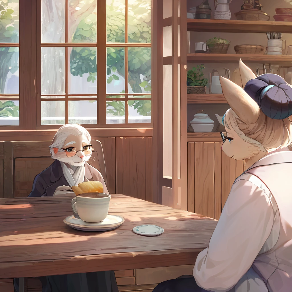 ((Masterpiece)), ((Best Quality)), (Very Detailed), ((Very Detailed)), 4K, (8K), very aesthetic, absurdres highres, 1woman, anthropomorphic rabbit, furry, kemono, wooden_table, glasses, elderly_woman, cafe_interior, peaceful_expression, looking_around