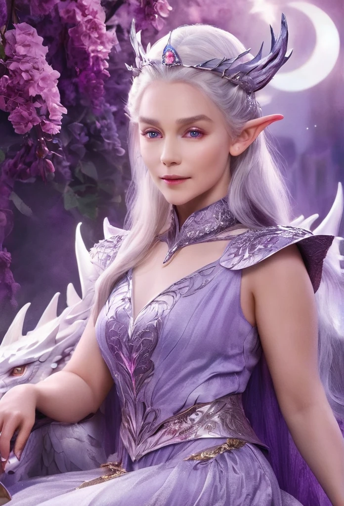 Queen of the White Dragon, mulher madura jovem, "Galadriel, EMÍLIACLARKE", elegant lilac Ruby dress, mama grande, Curvy, dragon ling vawy hair, Cabelos Super Longos, soft facial features, White dragon horns on his head, mulher majestosa, silver decoration on her lilac Ruby dress, Rainha Estrela Prateada, Grandes olhos violet, cherry lips, White dragons, starly sky