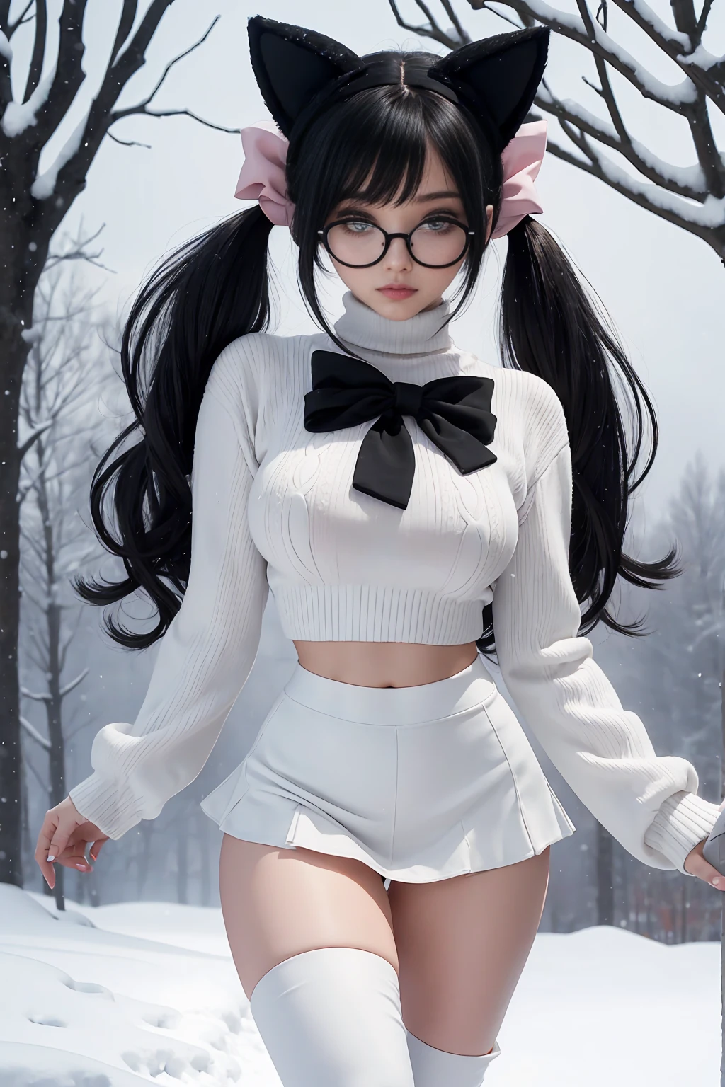 (Best Quality,High resolution:1.2), Ultra-detailed, Realistic portrait, hot Russian girl, pretty face, perfect long legs, full body, tiny waist. large breasts, standing, tight white cropped jumper, black high waist leggings, pink and white snow boots, in the snow, large blue eyes, long black hair tied up with a ribbon, pigtails, tight high waist mini skirt, woolen socks, hair bangs, snowing, foggy, (large round black rimmed glasses), cat ears, (large bow at the back of head, midriff)