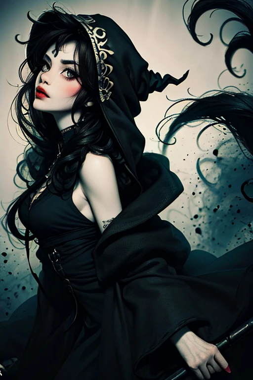 (masterpiece, best quality:1.2), [graveyar:girl:0.9], 1girl, solo, beautiful, gothic, witch, gloomy, Asian woman, mature, black clothing, hooded black robe, modest clothing, hood up, goddess of death, blank expression, split dye hair, multicolored hair, black and white hair, black dye on right side, white hair on left side, messy hair, bangs, black eyebrows, thick eyebrows, long eyelashes, grey eyes, dark circles under eyes, plump lips, red lipstick, red lips, no skin showing, skinny, pale skin, thin, sickly looking, looking at viewer, holding scythe, in graveyard, Wylona Hayashi, all black clothing, black hood, full body shot, cemetery background, standing, standing in a cemetery, holding scythe, windy, wind blowing, black sleeves