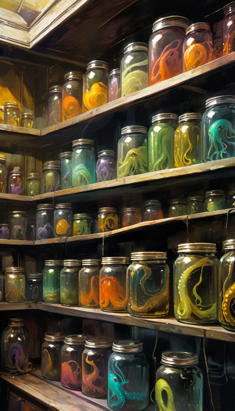 store shelf with large jars, jars with tentacles inside, horror tones(art inspired by Bill Sienkiewicz, oil painting)
