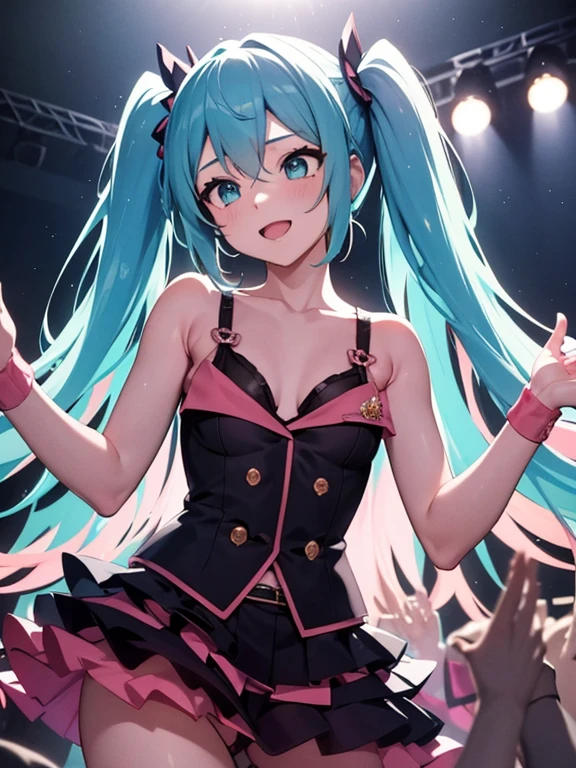 (Best Quality, vibrant lights), Miku sings into the microphone on stage with passionate fans. She is dressed in a beautiful dress, which emphasizes its elegance. The stage is lit up with bright lights, Creating a lively and energetic atmosphere. The stage is filled with excitement and anticipation, when Miku captivates his fans with his powerful game. Dynamic lighting and colorful effects add depth and visual impact to the scene. Miku's music resonates in the air, filling the whole hall with his enchanting voice. The crowd applauds and sings along, Creating a wave of joy and unity. The stage production is thought out to the smallest detail, With professional sound equipment and stunning backgrounds, which complements Miku's presence. The colors are vibrant, demonstrating the energy and liveliness of the performance. Lighting effects add a touch of drama and emphasize emotions, in Miku's music. When Miku is in the spotlight, Her passion and talent shine through, Makes a lasting impression on everyone present.