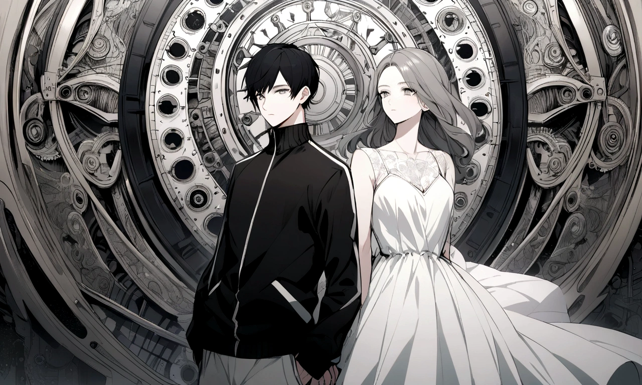 black and white drawing, giant clockwork background, 2 human, 26 year old male 1, black neat hair, a lonely face, wearing gray tracksuit, beautiful woman 1, wearing a white dress