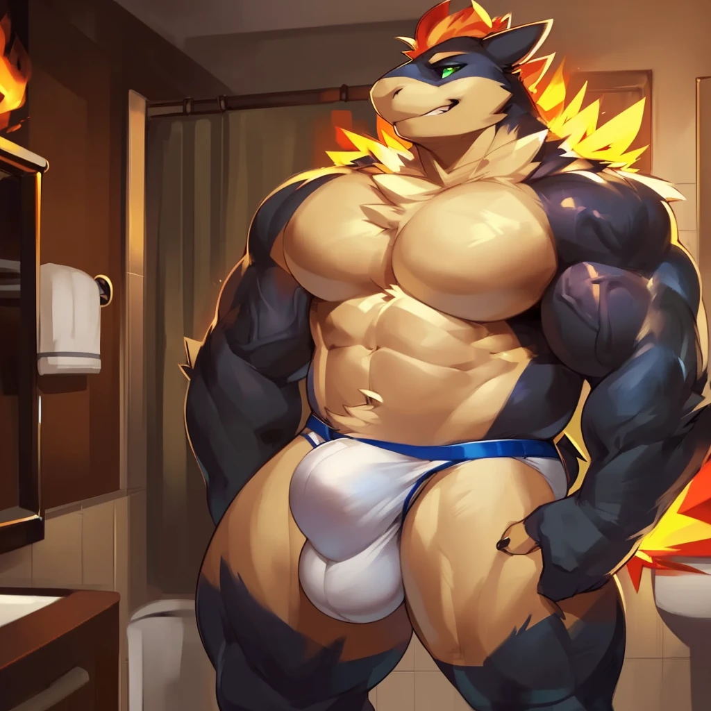 Solo, Anthro, male (((typhlosion, pokemon, green eyes, black sclera, muscular, huge muscular, broad shoulders, big pecs, abs, fire moehawk, fire mane, black body, black fur, tan body, tan abdomen, tan pecs, veiny muscles, muscular neck, arm tuft, facial tuft, white briefs, big bulge))) standing, smirking, bathroom, defined muscular, perfect anatomy, full body, by darkgem, by mystikfox61, by glitter trap boy