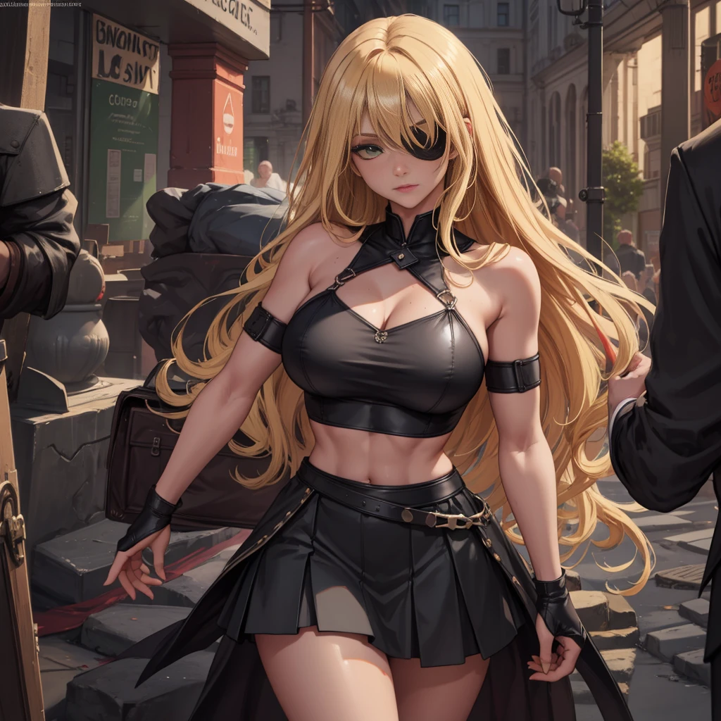 8k,masterpiece, bset quality,big, (1 girl), Makima, green eyes, blonde hair, long hair, braids hair, professional lighting, (shiny skin: 1.2), shiny big, ((best quality)), sharp focus: 1.2, highly detailed face and skin texture, detailed eyes, perfect face, perfect body, blur art, cg, background, Big breasts, presence (20yo, mature cool and beautiful face), wearing ((black skirt), blue taut shirt, thigh), blush, (mittgal), random pose, top view, perfect eye, eyepatch