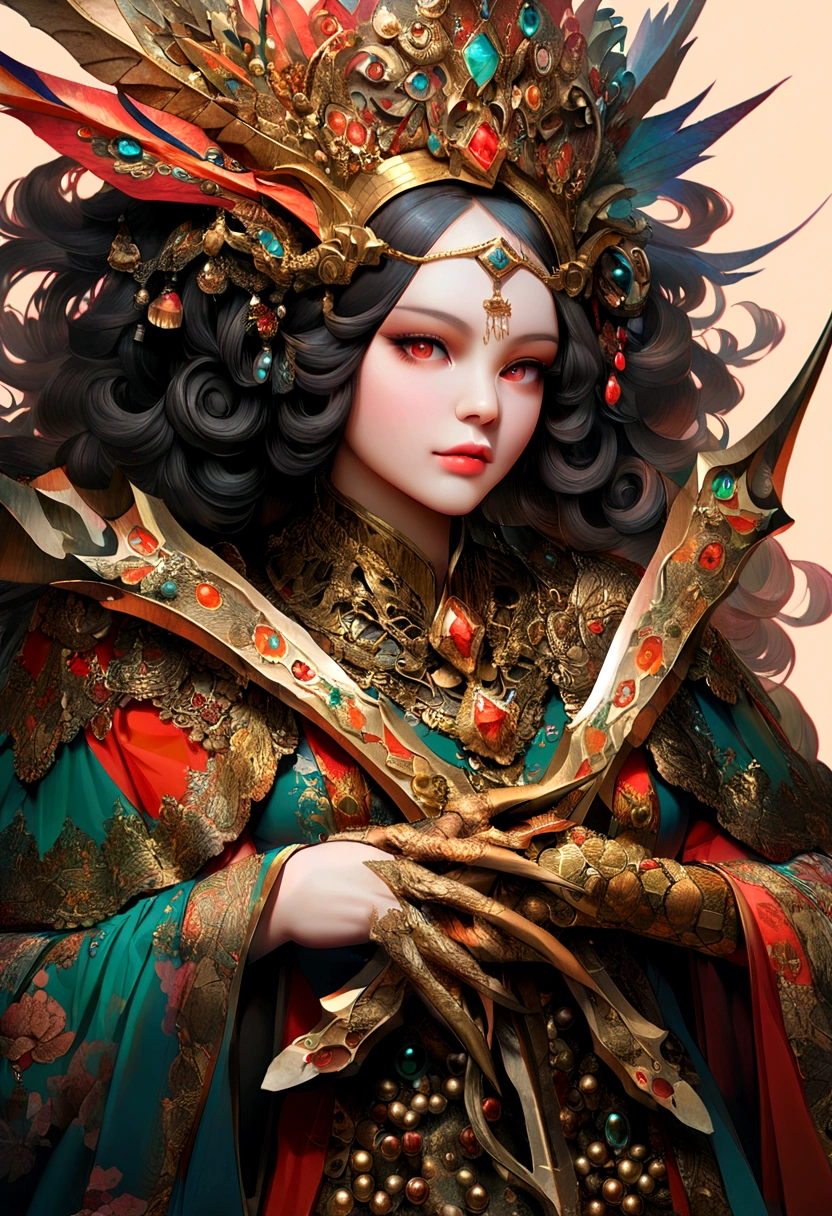 Danfeng Eyes,bushido,upper body,Black Curly Hair,Simple hairpins,cold eyes,loner,orthofacial,facade,Peach color background,Very rich colors,hyperrealistic,8K high definition,holding a long sword,Absolutely beautiful,highlight,Lots of colors