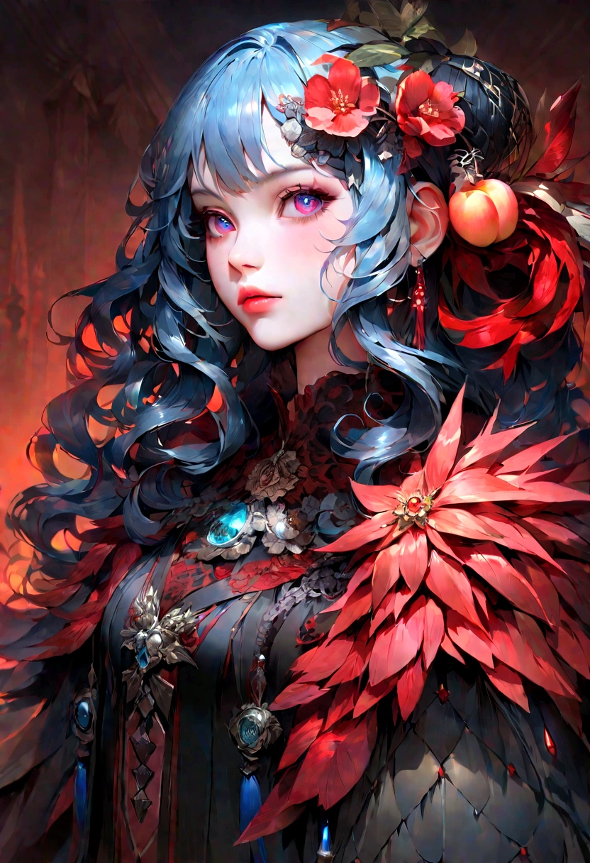 Danfeng Eyes,bushido,upper body,Black Curly Hair,Simple hairpins,cold eyes,loner,orthofacial,facade,Peach color background,Very rich colors,hyperrealistic,8K high definition,holding a long sword,Absolutely beautiful,highlight,Lots of colors