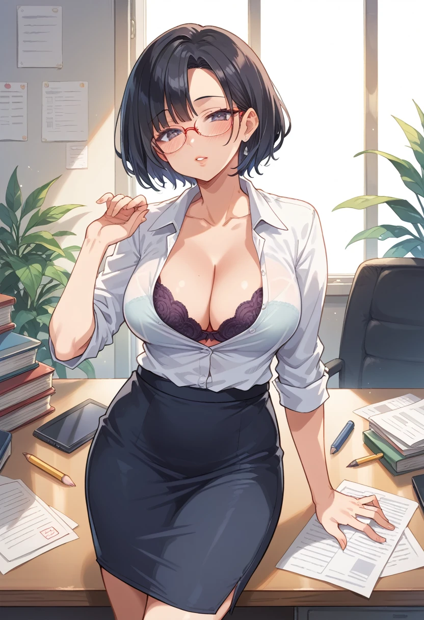 (mature woman), blush, very horny, skin fair, shirt with open button, (neckline that shows the bra), Long pencil skirt, wearing glasses, short black hair, beautiful  face, 가슴, sensuous, highest quallity,standing pose, (fund: in front of the office desk)