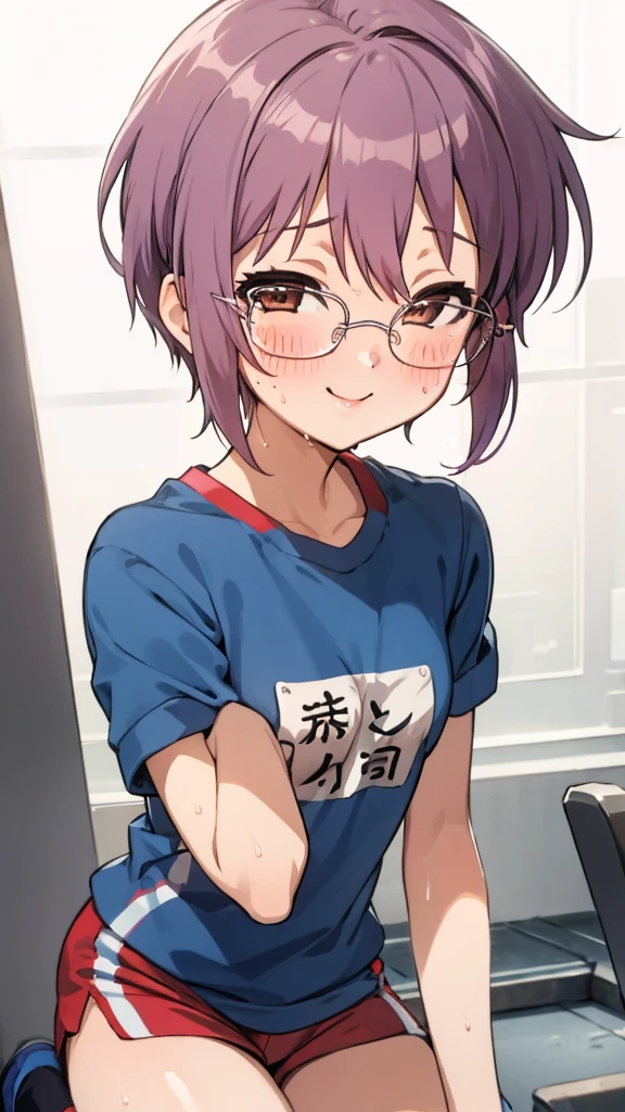  looking at viewer, 1girl, female, solo, blush, sweating, smile, ny1, glasses, ,gym shirts,shorts,socks