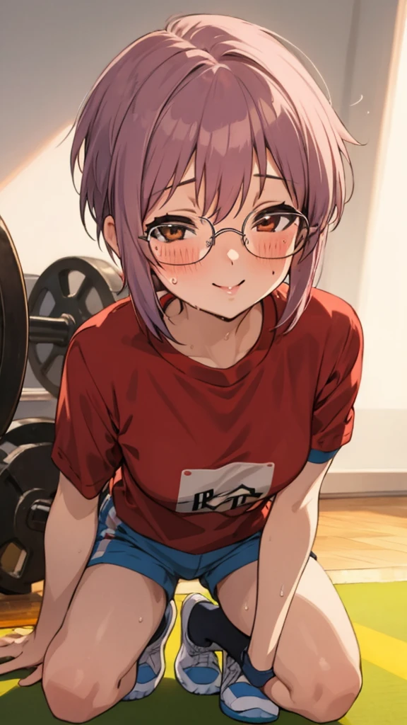  looking at viewer, 1girl, female, solo, blush, sweating, smile, ny1, glasses, ,gym shirts,shorts,socks