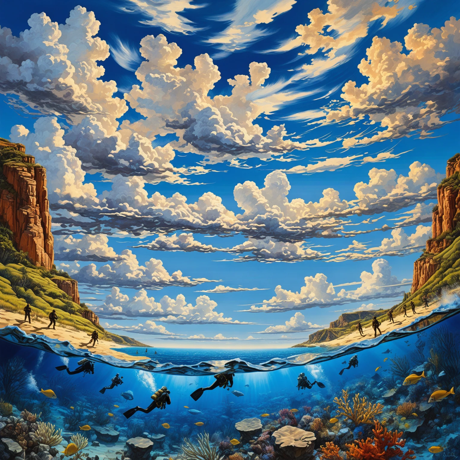hand painted painting divided in half blue sky full of beautiful clouds, horizon hills, fighters, tourist coastal towns, and in the water divers exploring the underwater depths