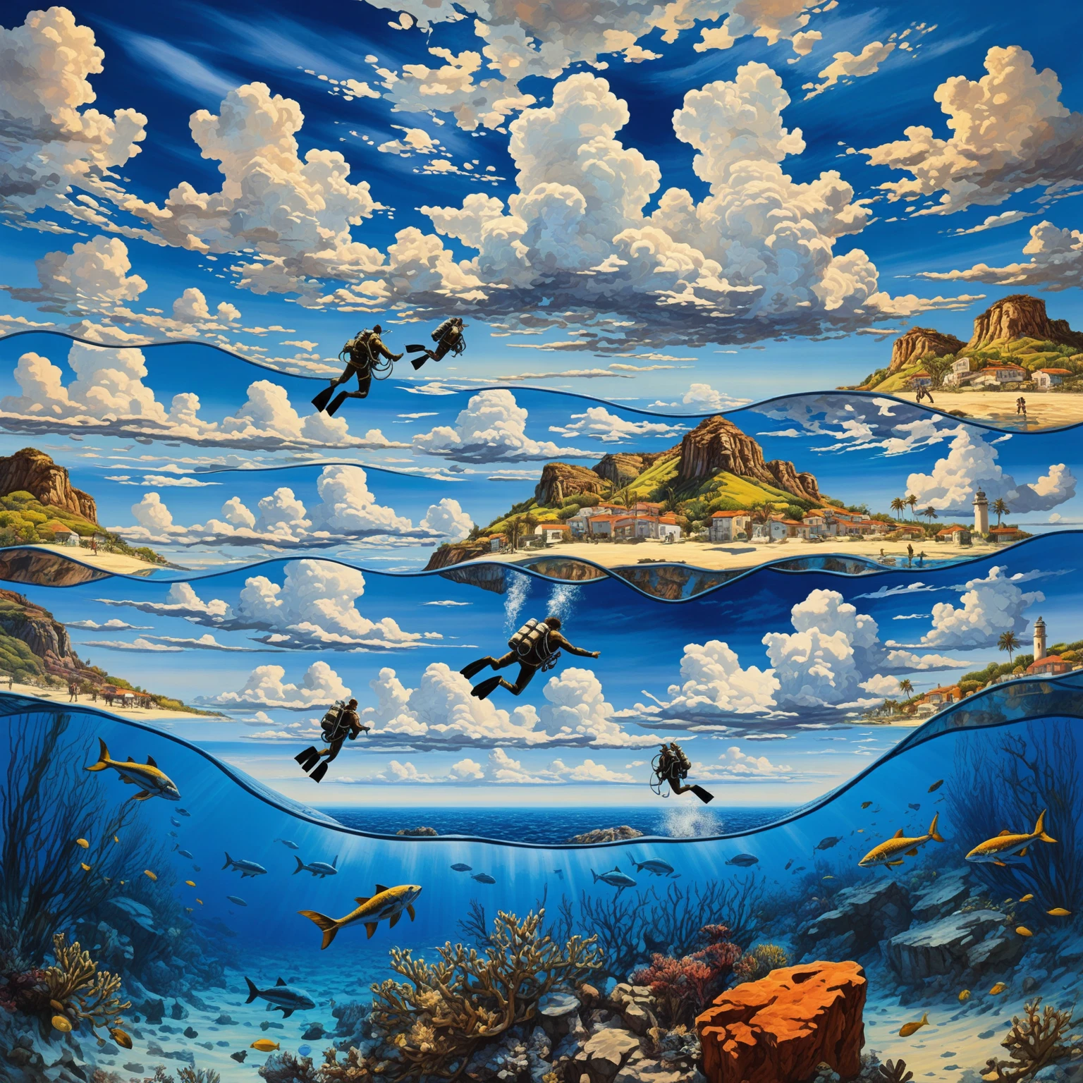 hand painted painting divided in half blue sky full of beautiful clouds, horizon hills, fighters, tourist coastal towns, and in the water divers exploring the underwater depths 