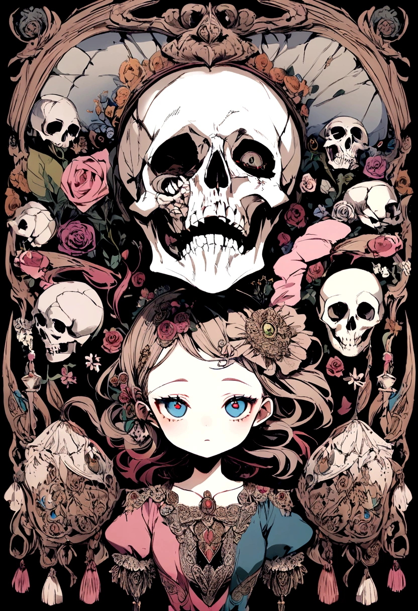 by ttosom, 1 girl, CuteStyle, blue eyes, brown hair, long hair with bangs, bust, upper body, bare shoulders and collarbones, looks at the viewer, creepy look, small smile, empty eyes, blood on her face, black background, detailed, beautiful, delicate tones
