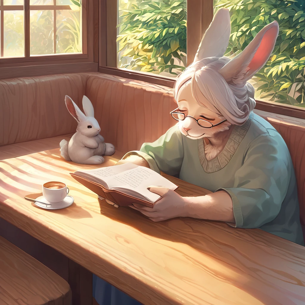 ((Masterpiece)), ((Best Quality)), (Very Detailed), ((Very Detailed)), 4K, (8K), very aesthetic, absurdres highres, 1woman, anthropomorphic rabbit, furry, kemono, elderly woman, glasses, window seat, cafe, wooden table, soft natural light, warm colors, reading, calm, comforting